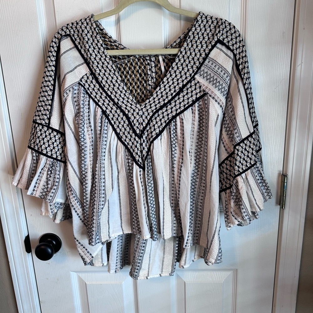 Free People Black and Cream Patterned Blouse